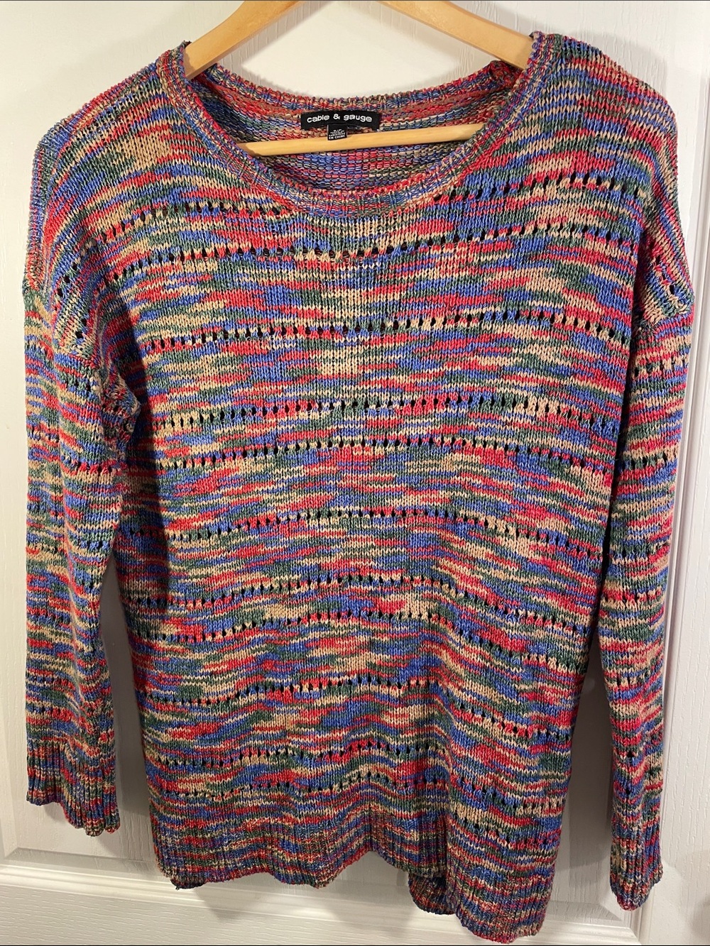Cable & Gauge Multicolor Open-Knit Crewneck Sweater in Blue, Pink, Green & Cream